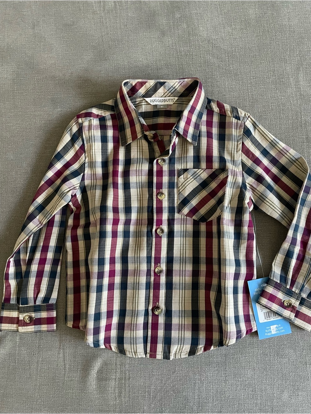 Ruffle Butts Plaid Button-Down Shirt in Cream, Navy & Burgundy